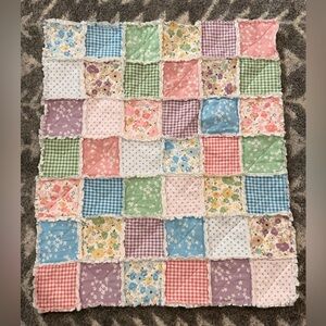 Handmade Floral & Gingham Rag Quilt—Baby Blanket With White Minky Back 26x30